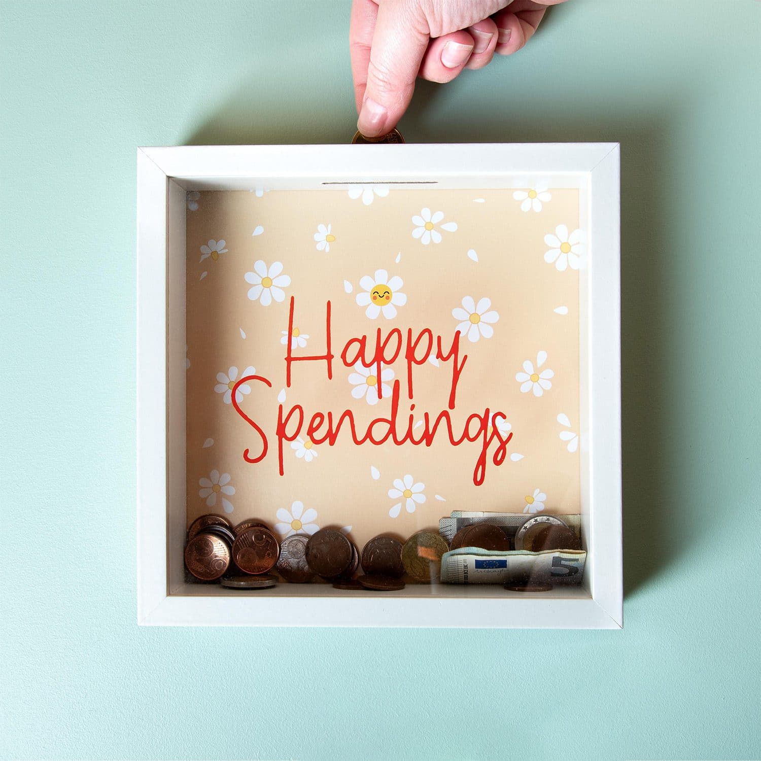 Holz-Sparschwein – Happy Spendings