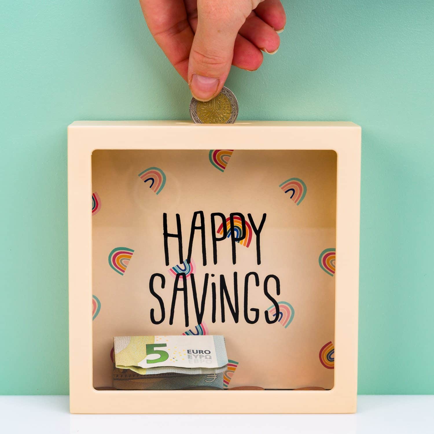 Transparente Spardose – HAPPY SAVINGS