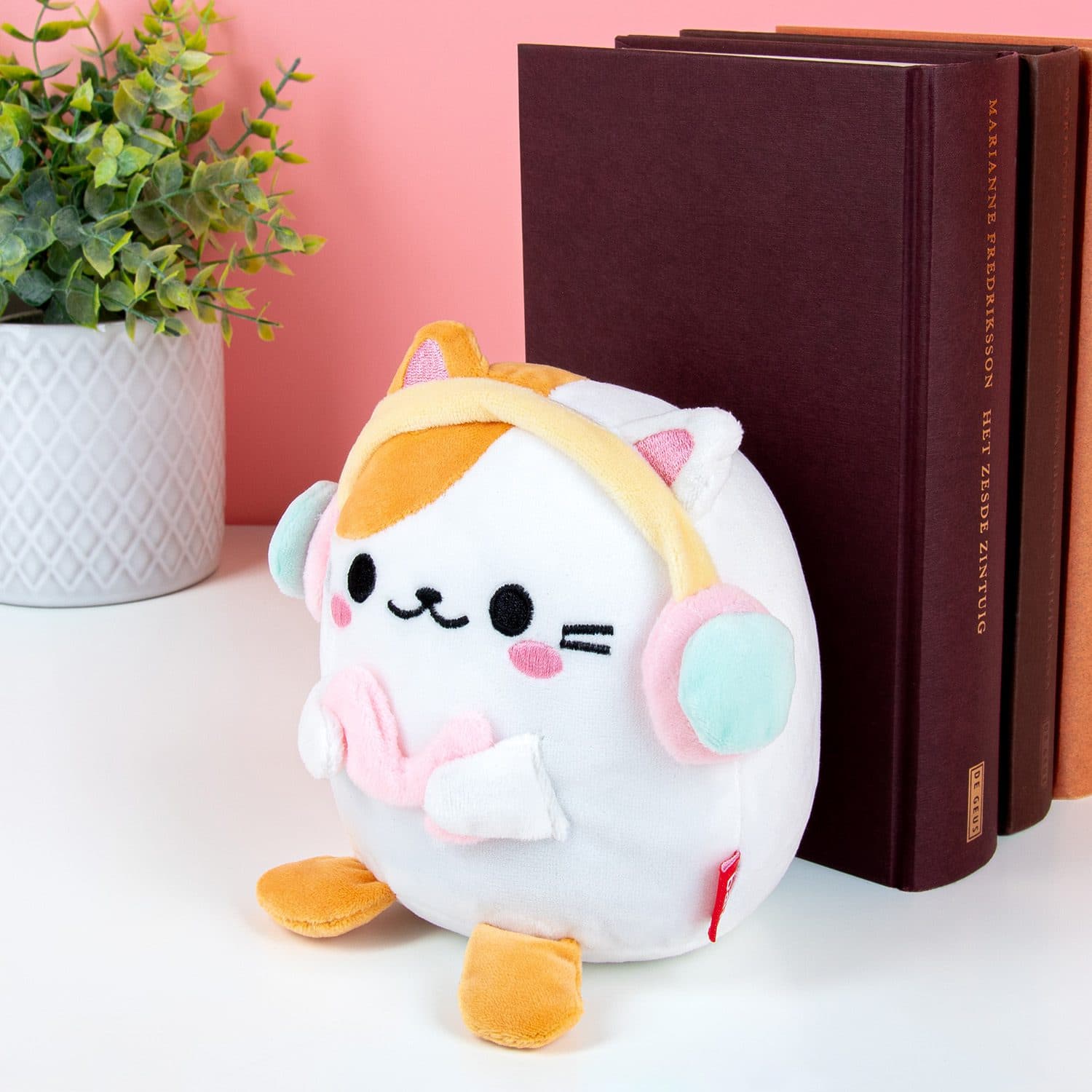 Kawaii Katzen-Buchstütze – Weiß/Kopfhörer