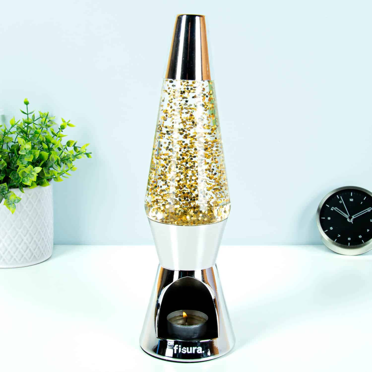 Teelicht-Lavalampe mit goldenem Glitzer