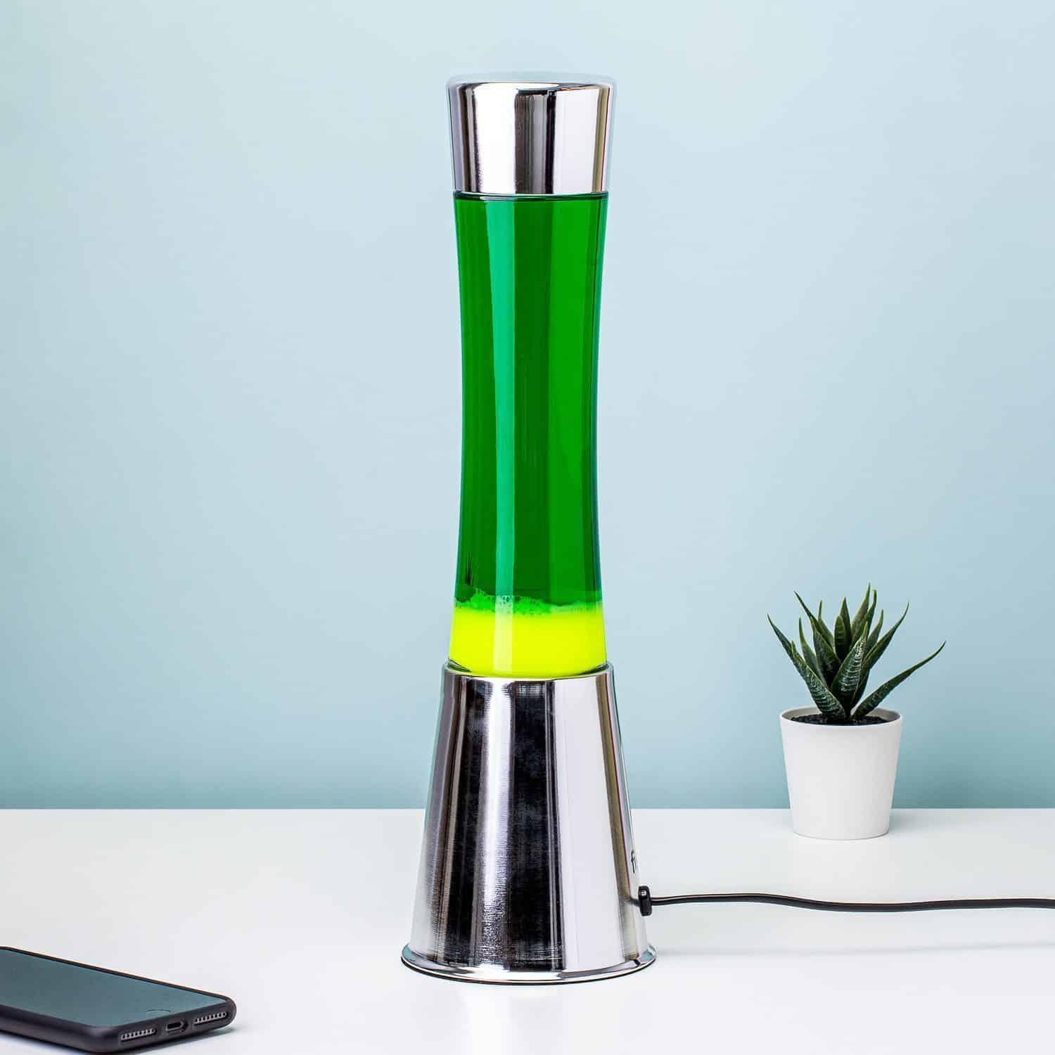 Lavalampe Silber mit grüner Flüssigkeit und gelber Lava