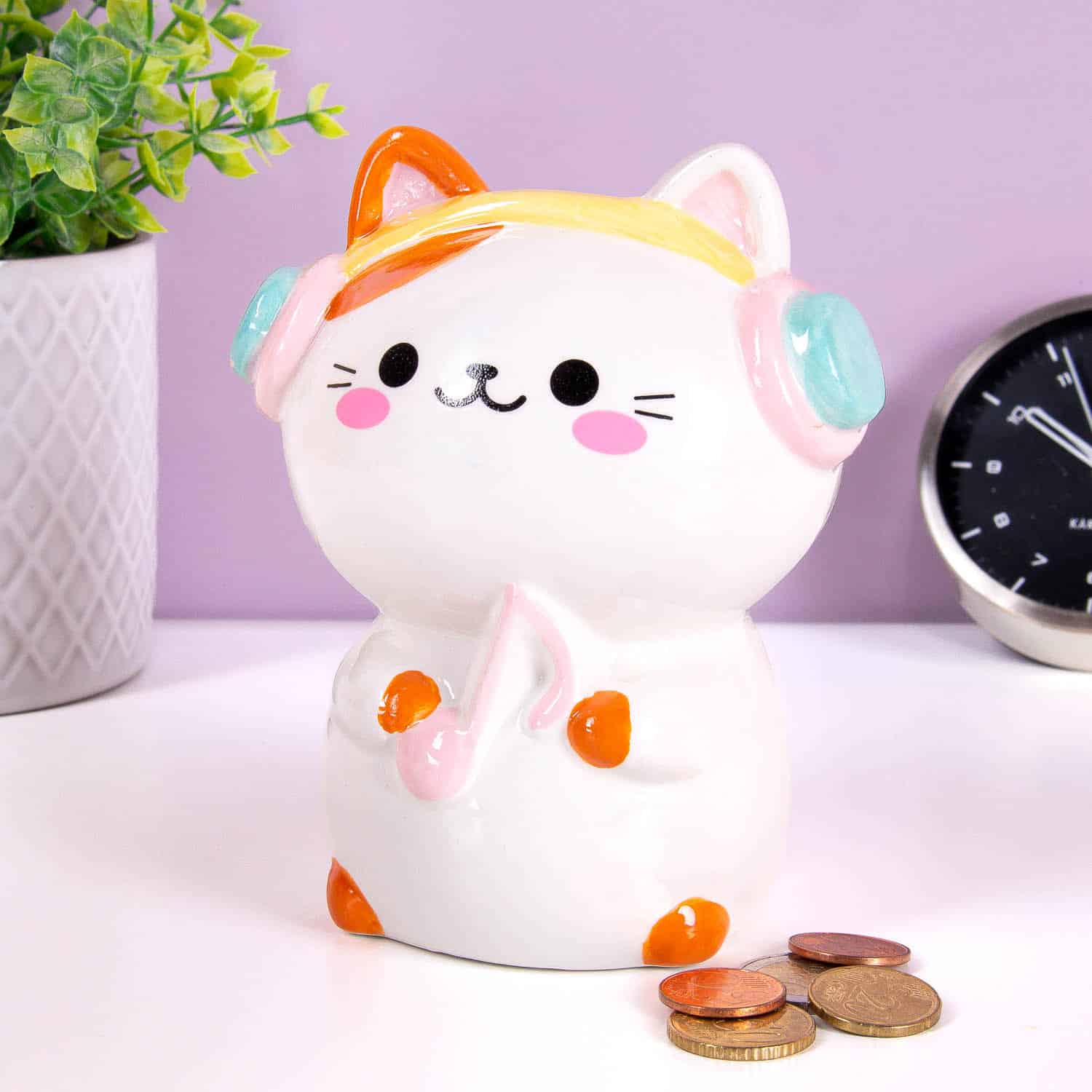 Kawaii Katzen-Spardose – Weiß/Kopfhörer