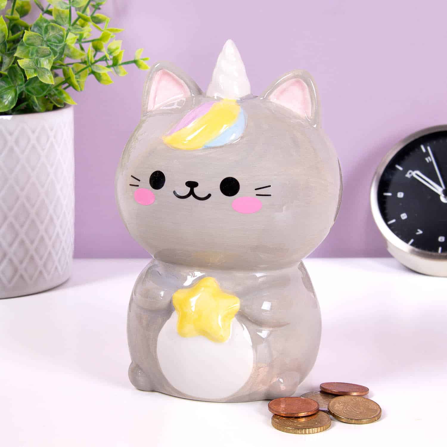 Kawaii Katzen-Spardose – Grau/Stern