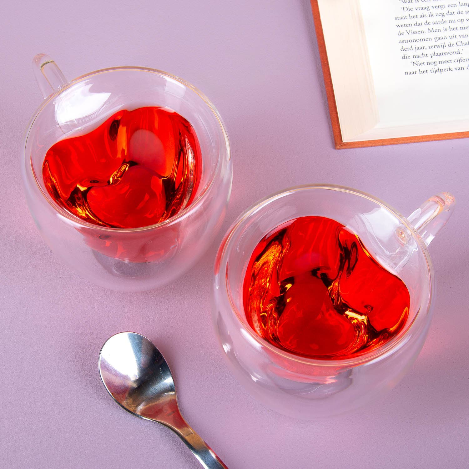 Double-walled thermo-glass with heart shape, ca. 9 x 8,3 cm, ca. 180 ml, brosilicate glass, set of 2 pcs in gift box