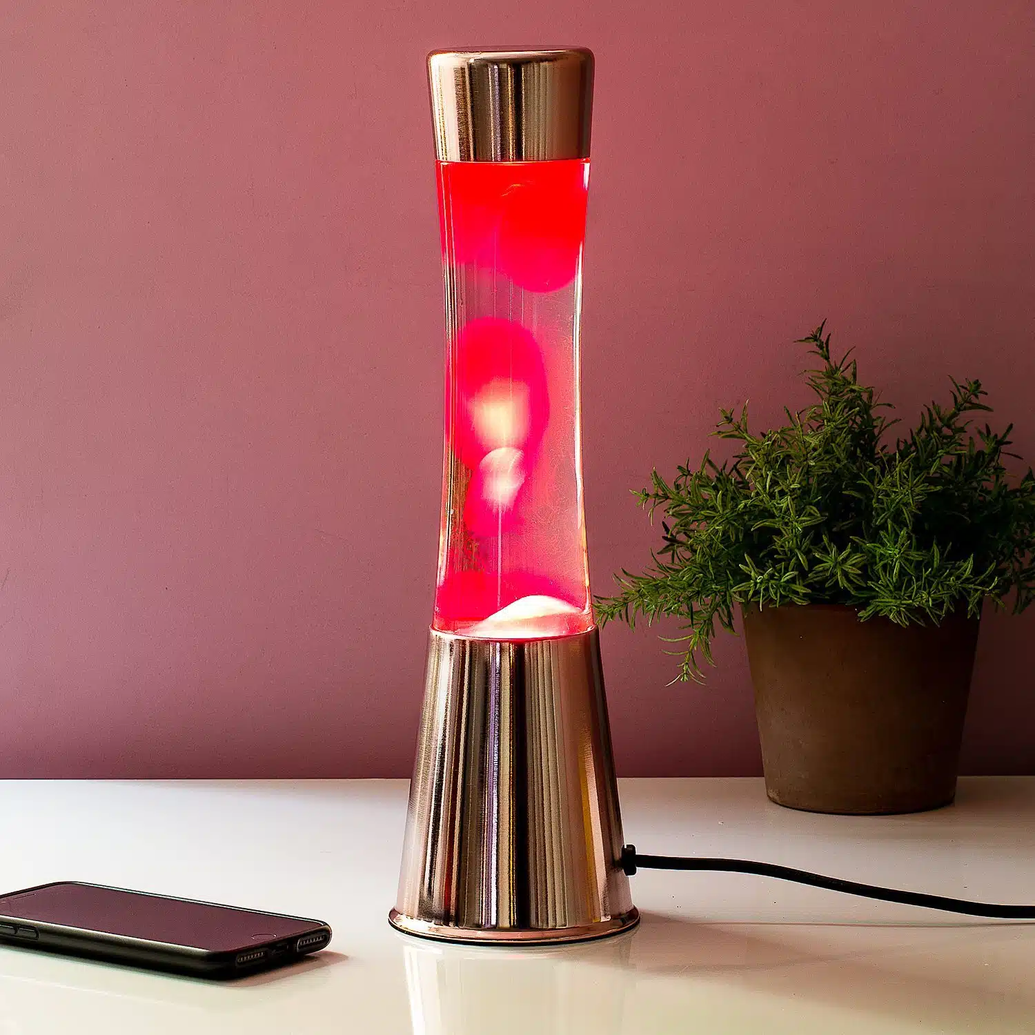 Lavalampe Kupfer mit rosa Lava