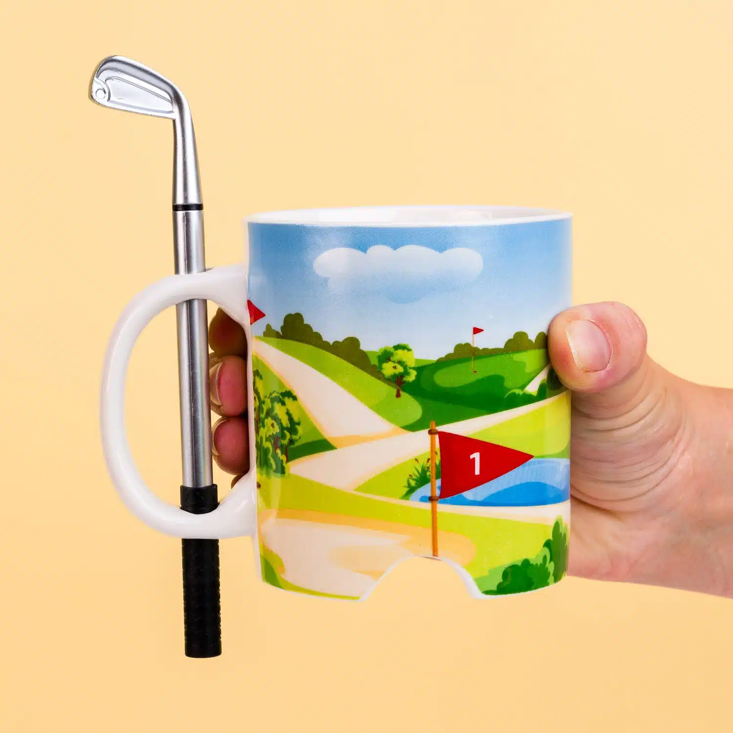 Golftasse mit Golfschläger und Ball