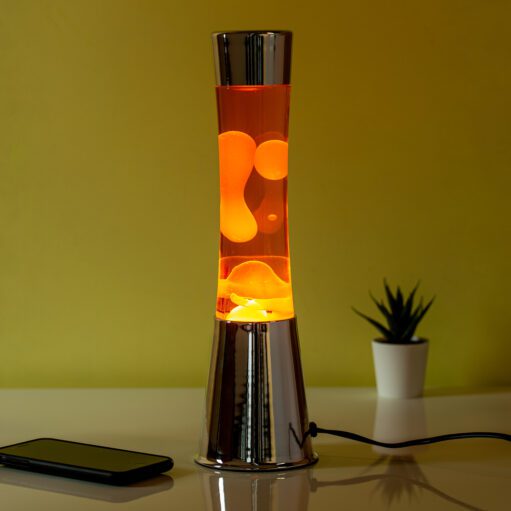 Lavalampe Silber mit Orange Flüssigkeit und Oranger Lava