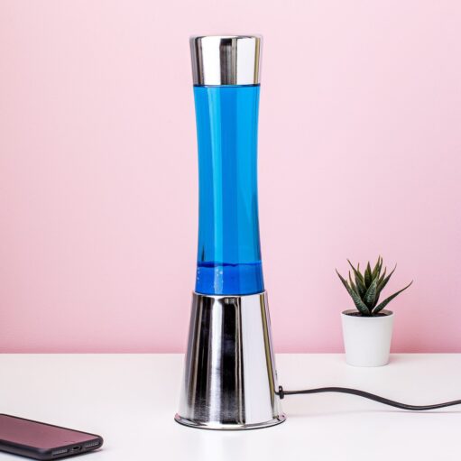 Lavalamp silber mit blauer Flüssigkeit und navyfarbener Lava