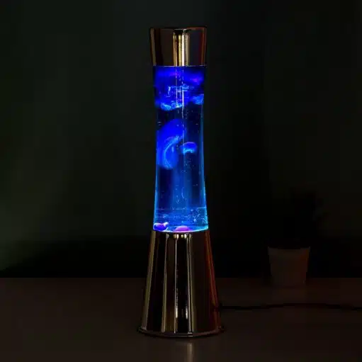 Lavalamp silber mit blauer Flüssigkeit und navyfarbener Lava