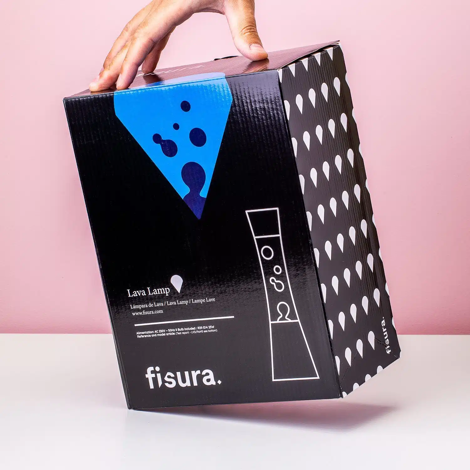 Lavalamp silber mit blauer Flüssigkeit und navyfarbener Lava