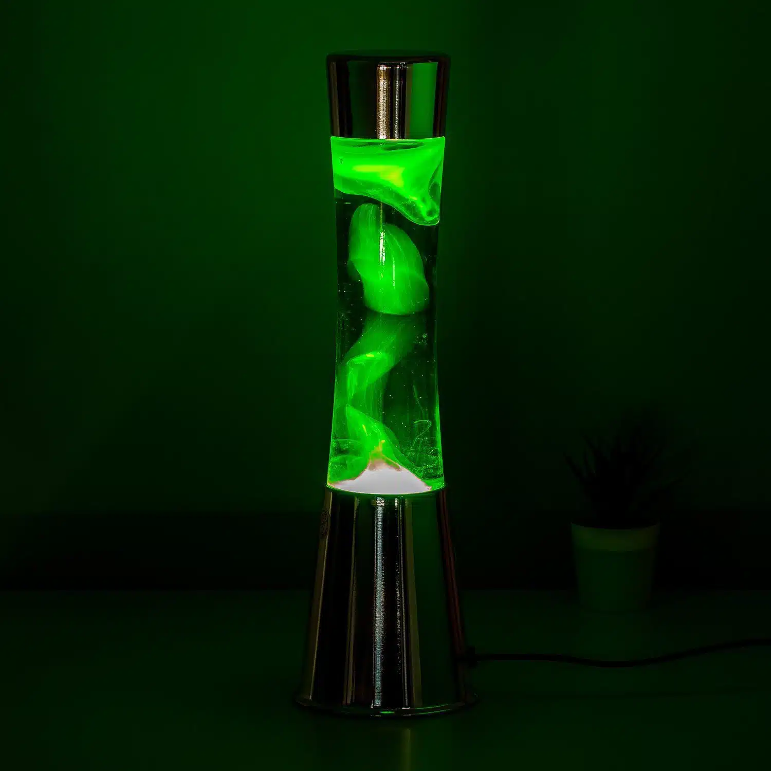 Lavalampe Silber mit grüner Flüssigkeit und gelber Lava