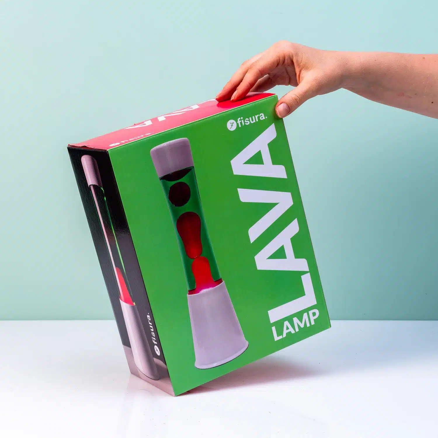 Lavalampe weiß mit grüner Flüssigkeit und rosa Lava