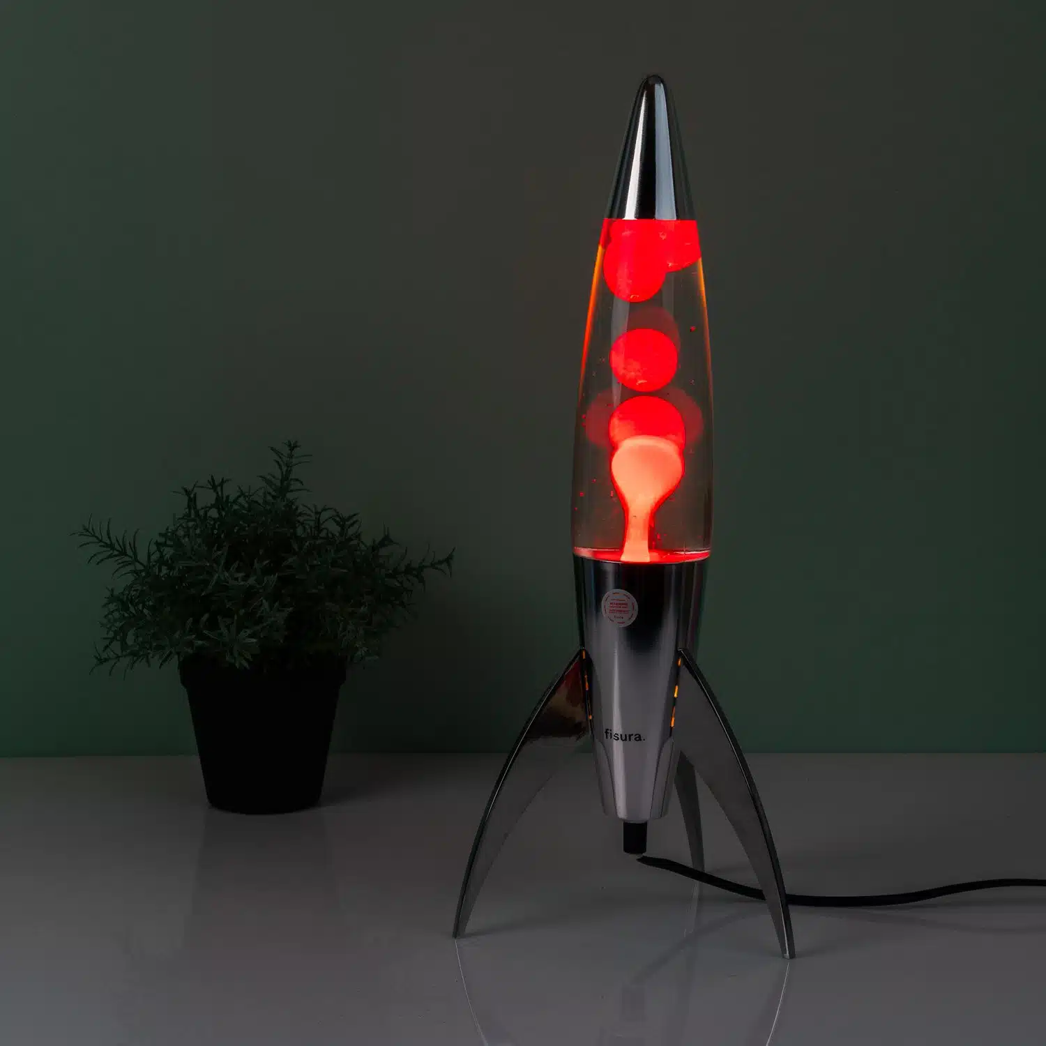 Rocket-Lavalampe Silber mit roter Lava