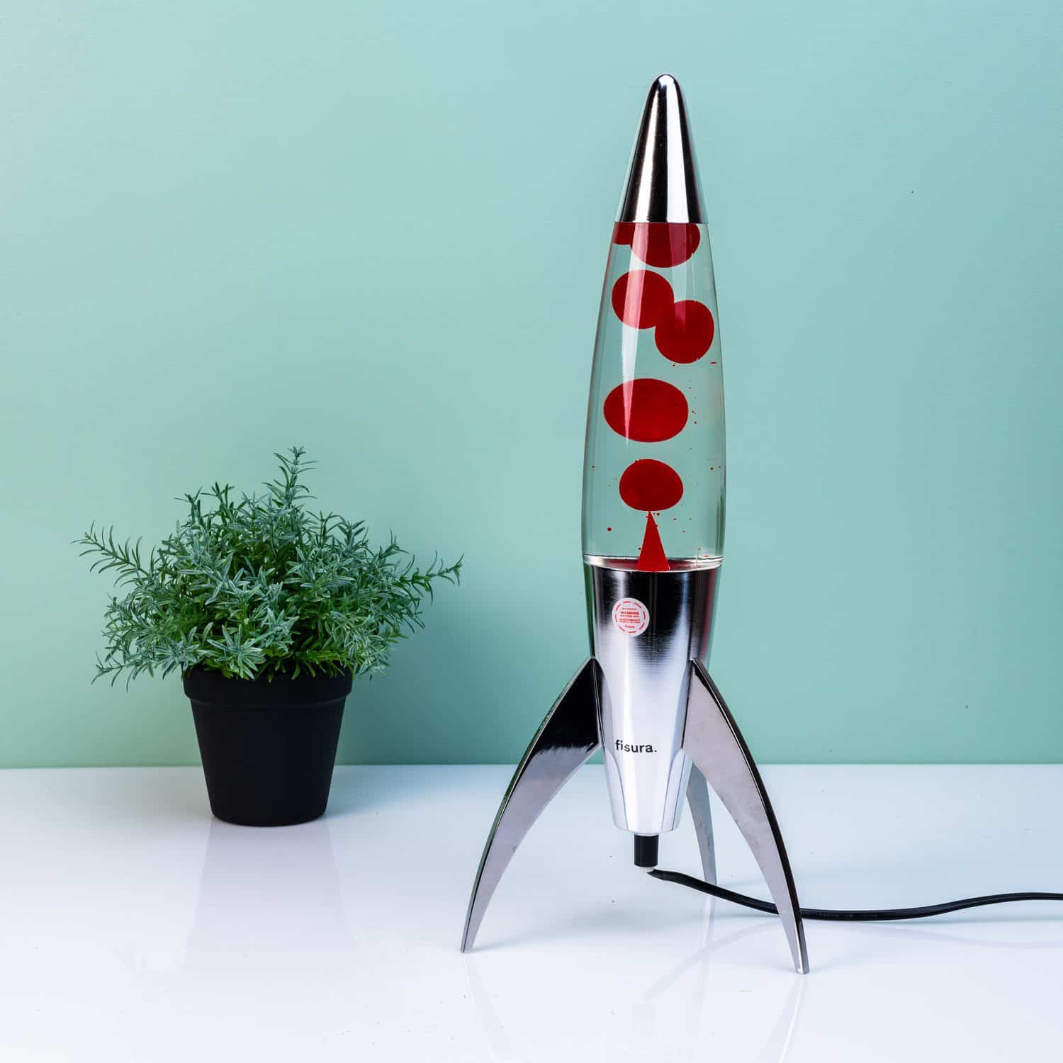 Rocket-Lavalampe Silber mit roter Lava