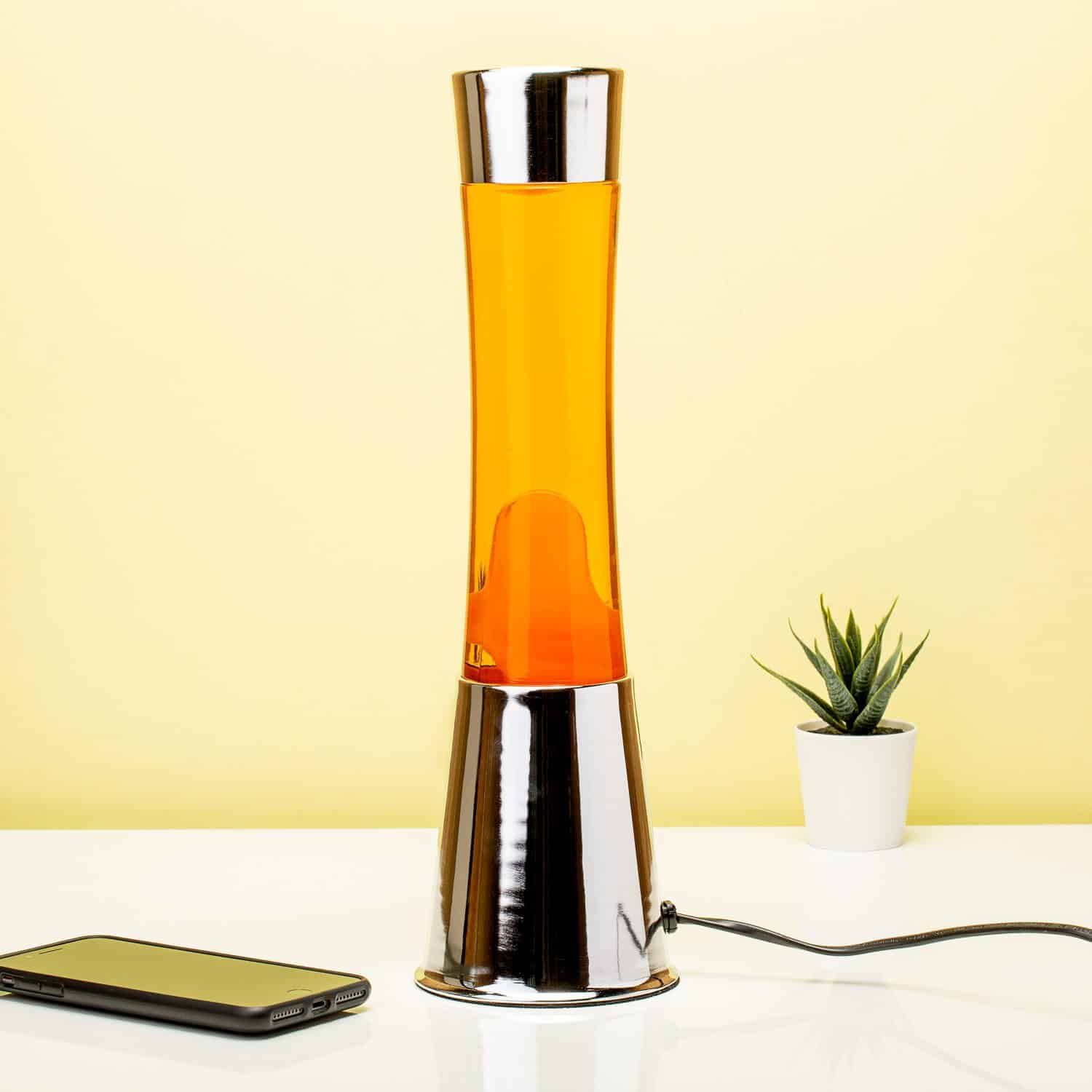 Lavalampe Silber mit Orange Flüssigkeit und Oranger Lava