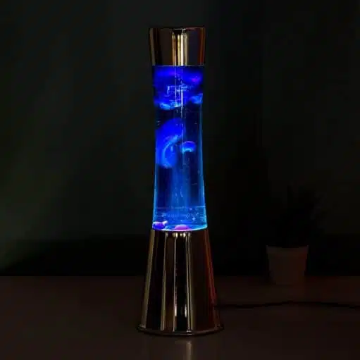 Lavalamp silber mit blauer Flüssigkeit und navyfarbener Lava