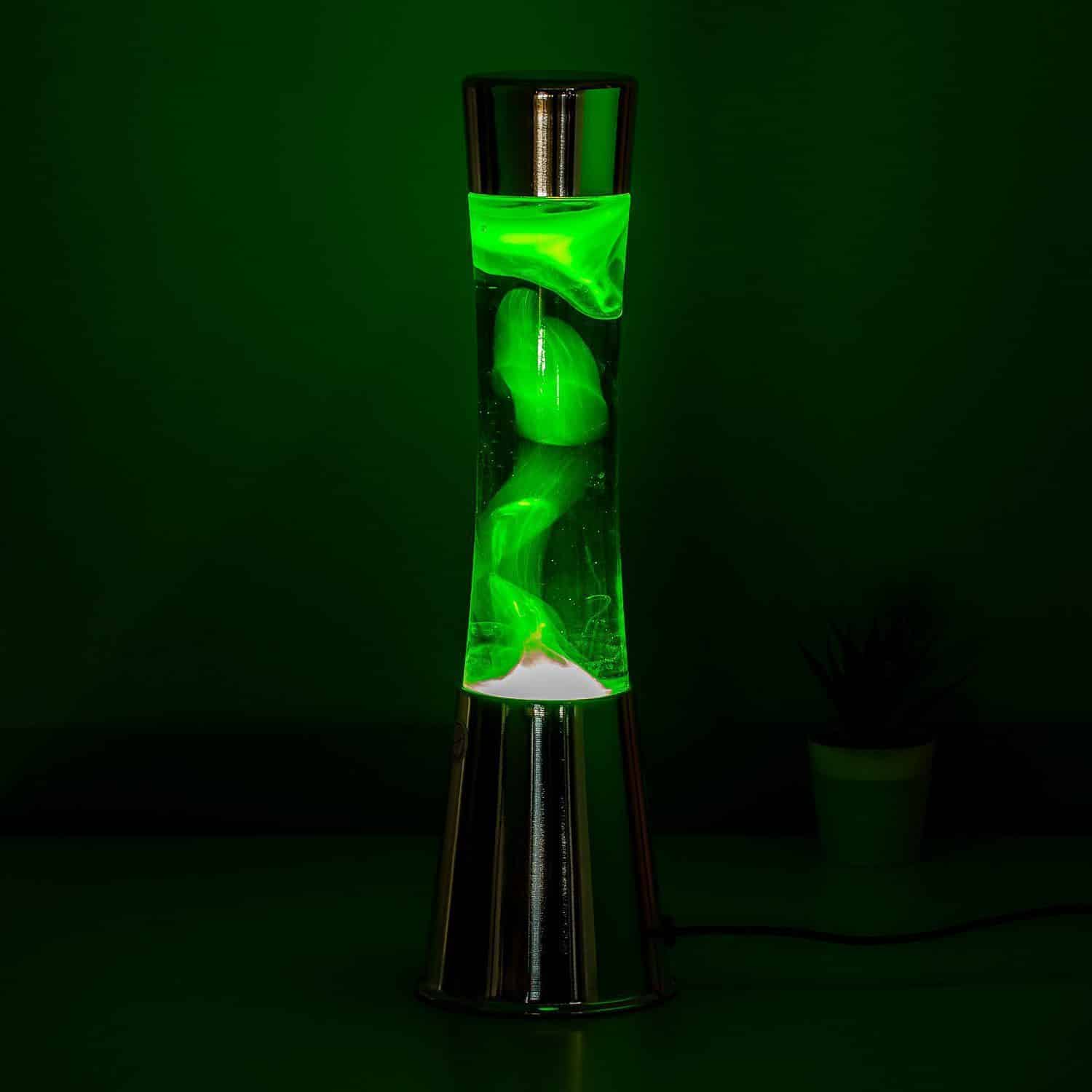 Lavalampe Silber mit grüner Flüssigkeit und gelber Lava