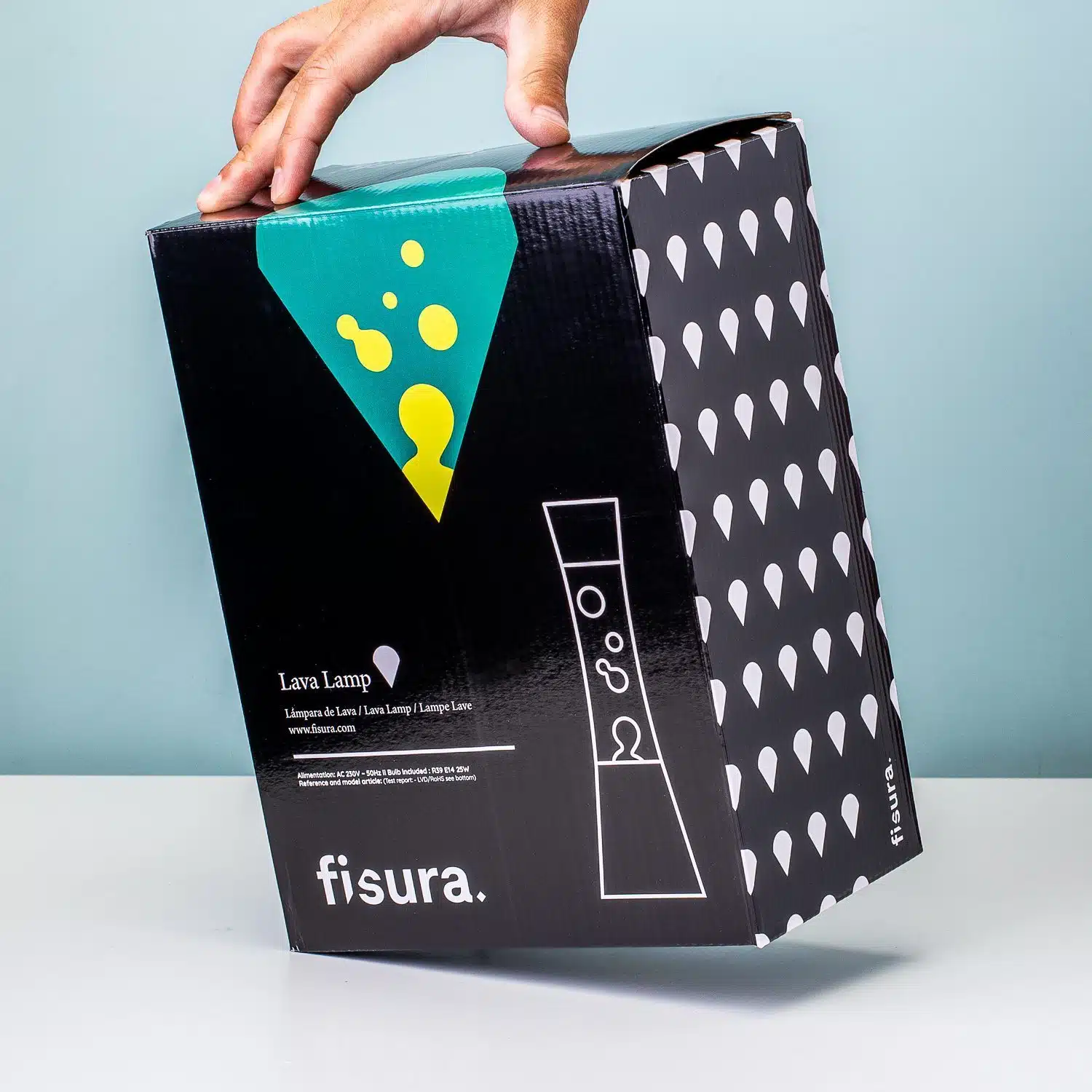 Lavalampe Silber mit grüner Flüssigkeit und gelber Lava